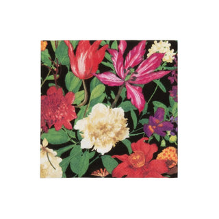 Cocktail napkin, Dutch Floral Black pattern on a dark background with vibrant pinks, reds, and whites.