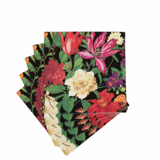 Cocktail napkins featuring Dutch Floral Black design, vibrant blooms on black background, stacked