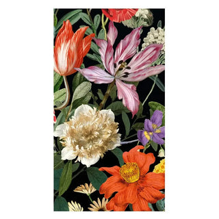 Guest towel napkin with Dutch floral print on black background.