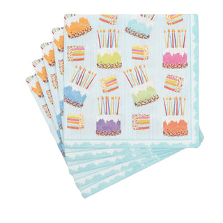 Caspari Luncheon Napkins, cake and candles pattern on light blue striped background