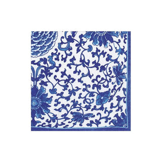 Cocktail napkin with indigo garden blue/white floral pattern and blue border