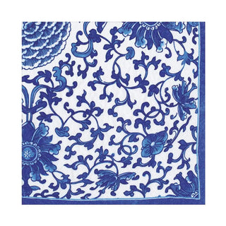 Luncheon napkin with Indigo Garden blue/white floral pattern and blue border