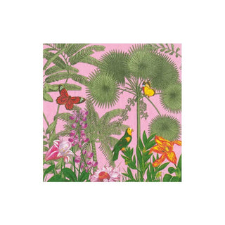 Cocktail napkin Paradise Garden Pink, tropical floral print with green foliage and birds on pink background.