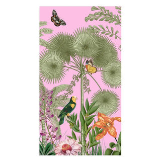 Guest towel Naokin Paradise Garden Pink with tropical plants, butterflies, and a parrot on a pink background