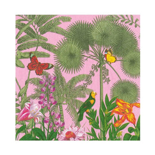 Luncheon napkin, Paradise Garden Pink design, tropical greenery, bright flowers and butterflies.