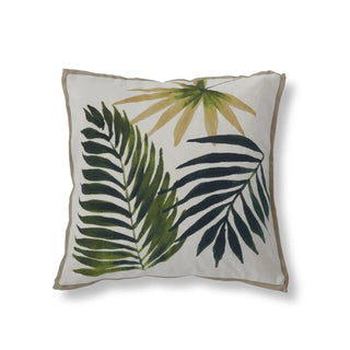 Natural cotton tropical leaves pillow with green palm leaf print and beige piping