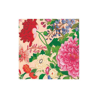 Cocktail napkin with pink floral pattern featuring large peonies and colorful blossoms.