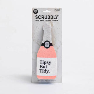 Scrubbly Sponge Tipsy bottle-shaped kitchen sponge in pink and white packaging.