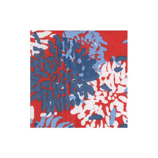 Caspari cocktail napkin with Chrysanthemum pattern in red, white and blue.