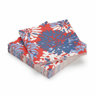 Cocktail napkins set featuring chrysanthemum pattern in red, white and blue, stacked for serving at gatherings