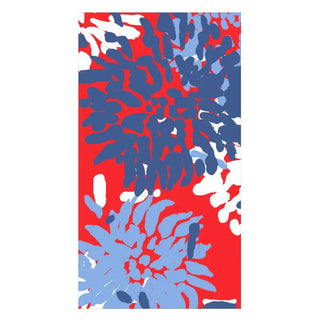 Guest towel Naokin Chrysanthemum pattern in red, white and blue on a bold red background.