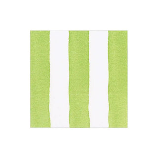 Cocktail napkin in lime cafe stripe design on white paper linen.
