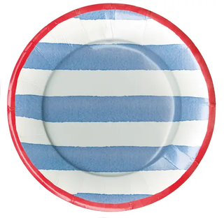 Cafe stripe blue/red salad plate with bold blue stripes and red rim