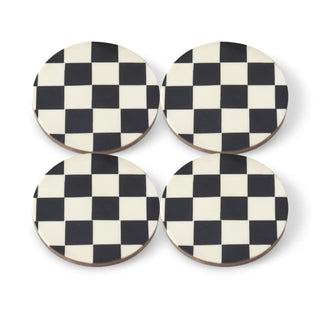 Set of four round enameled wood coasters in a black-and-white checkerboard pattern.