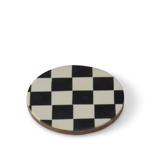 Round wooden coaster with black-and-white checker enamel finish.