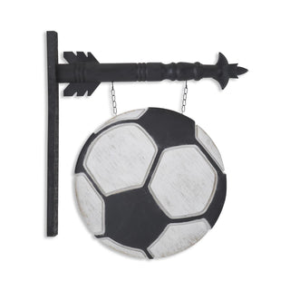 Soccer ball arrow replacement decorative sign on a black metal bracket featuring a distressed black-and-white soccer ball