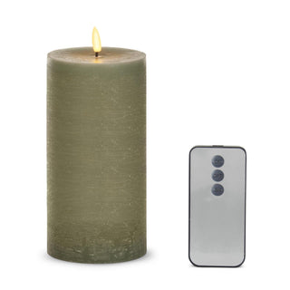 LED wax pillar candle with timer and remote, 7.75in tall, green
