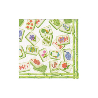 Cocktail napkin with green Mahjong tile pattern and scattered tiles with floral accents
