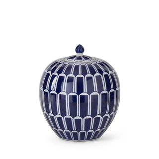 Blue and white ceramic lidded container with a patterned dome and small knob lid.