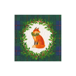 Cocktail napkin with tartan blue/green plaid border and fox wreath at center.