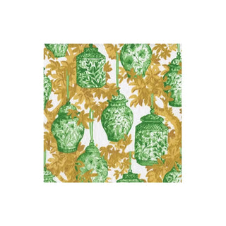Cocktail napkin with green ginger jars pattern on white background and gold foliage