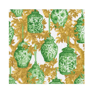 Luncheon napkin with green ginger jar pattern on white background with gold foliage.
