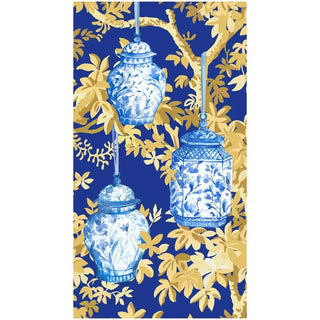 Guest towel napkin by Caspari featuring blue and white ginger jar motifs on a dark blue and gold leafy backdrop