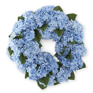 Blue real-touch hydrangea wreath with green leaves