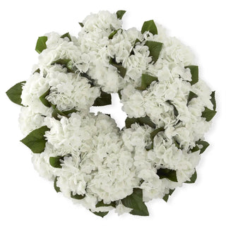 White real-touch hydrangea wreath with dense blossoms and green leaves for lifelike door decor.
