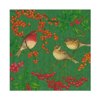 Cocktail napkin, green background featuring three small birds among clusters of orange-red berries and leaves.