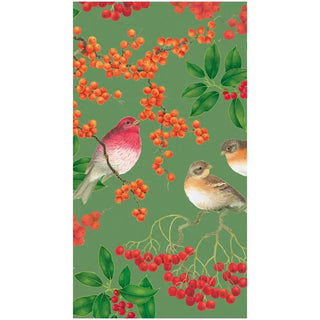 Guest towel napkin with birds and berries on a green background, featuring three birds