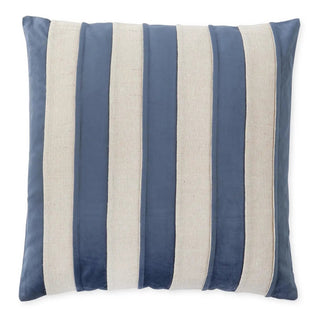 Blue Velvet & Natural Cotton Striped Square Pillow featuring alternating blue velvet panels and natural cotton stripes
