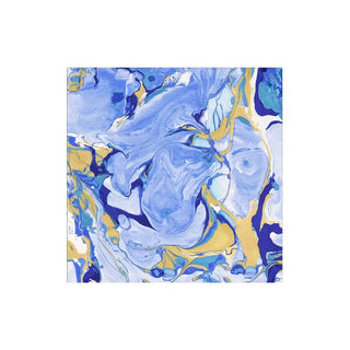 Cocktail napkin with blue marbled pattern and gold accents.