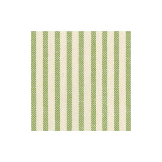 Cocktail napkin with sage green vertical stripes on cream paper-linen; decorative tabletop accessory for entertaining.