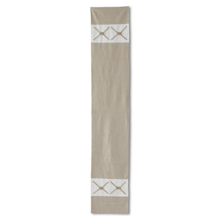 Tan and cream jute nautical knot table runner with a white band featuring two knotted X motifs