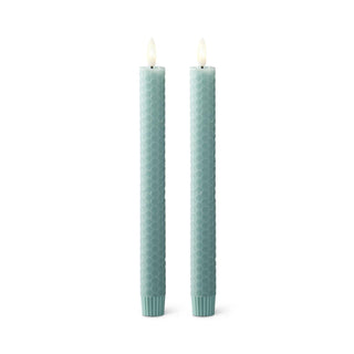 Honeycomb LED taper candles, set of 2, 9.75 in, teal/light-green color