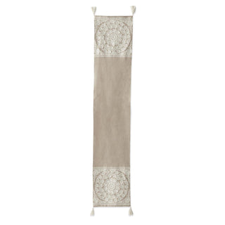 Handcrafted beige and cream circle-embroidered table runner with tassels