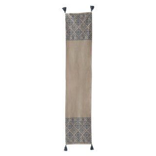 Handcrafted beige and blue embroidered table runner with tassel ends