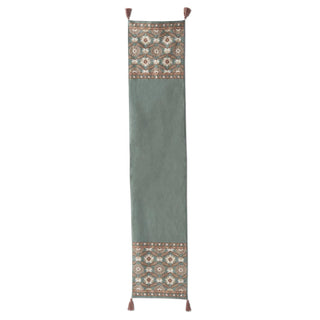 Handcrafted teal and pink embroidered floral table runner with tassels at each end