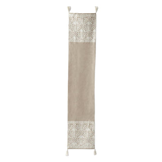 Handcrafted beige table runner with cream embroidered lace panels at ends and tassel fringe