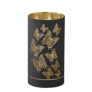 Glass cylinder candle slip cover by K&K in black with gold butterfly pattern and gold interior