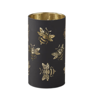 Black laser-engraved bee candle slip cover with gold bee motifs for pillar candles; candle not included.