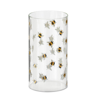 Glass cylinder candle slip cover for pillar candles featuring a painted bee pattern on clear glass.