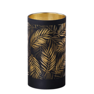 Glass cylinder candle slip cover in black with gold tropical leaf pattern for pillar candles.