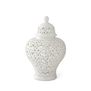 Ginger jar, white ceramic with cutout lattice and lid, decorative