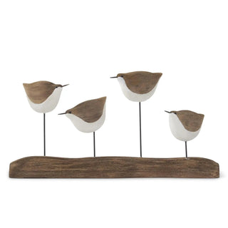 Four white and natural wood seagull spindles on driftwood base with metal stakes, by K&K