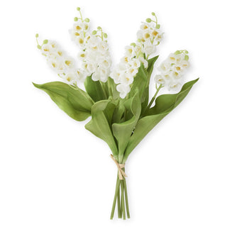White Real Touch Lily of the Valley bundle, 15-inch stems with green leaves tied with twine