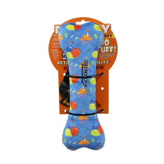 Mighty Bone blue celebration squeaky dog toy, no stuffing, bone-shaped with colorful balloons pattern