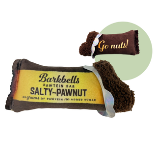 Barkbells Pawtein Bar Dapper dog chew bones set, two toys: Salty-Pawnut label and Go nuts! bone with brown plush ends