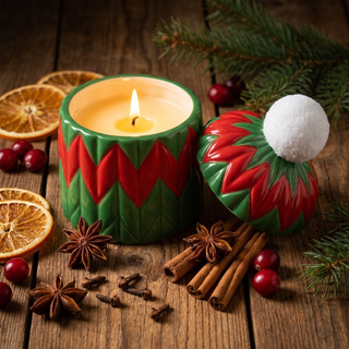 Candles: Holiday Spice 10oz hand-painted beanie candle, green/red ceramic jar with lid and white pom